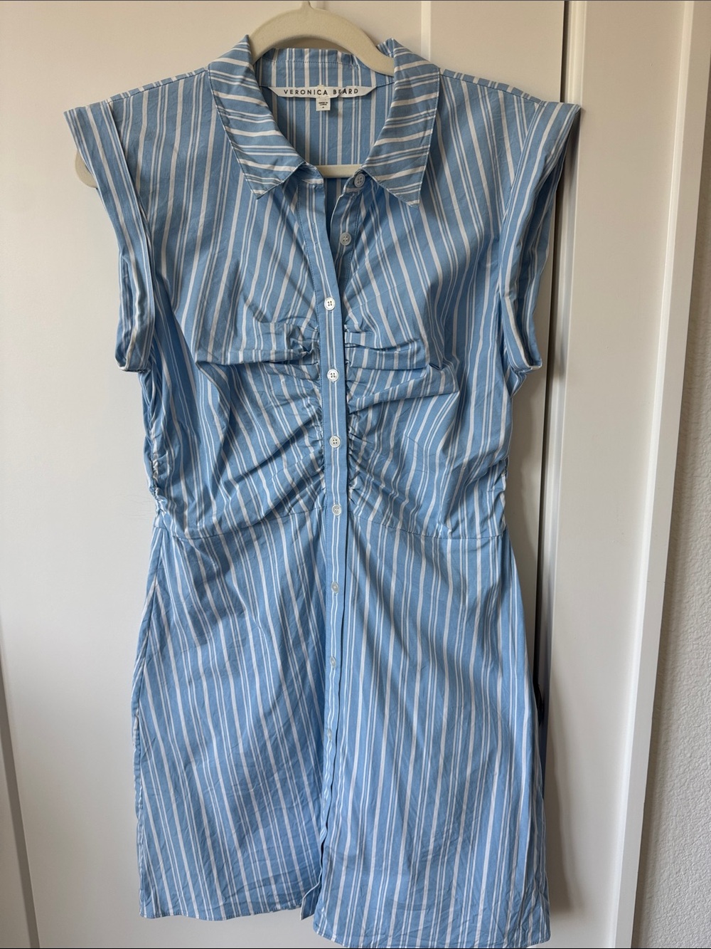 Veronica Beard Light Blue & White Striped Ruched Shirt Midi Dress